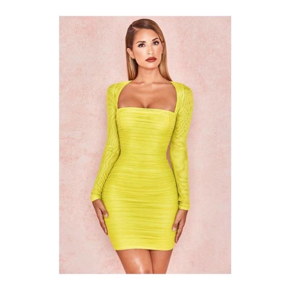 NWT HOUSE OF CB 90s Neon Long Sleeve Ruched Sheer Mesh Bodycon Mini Dress XS